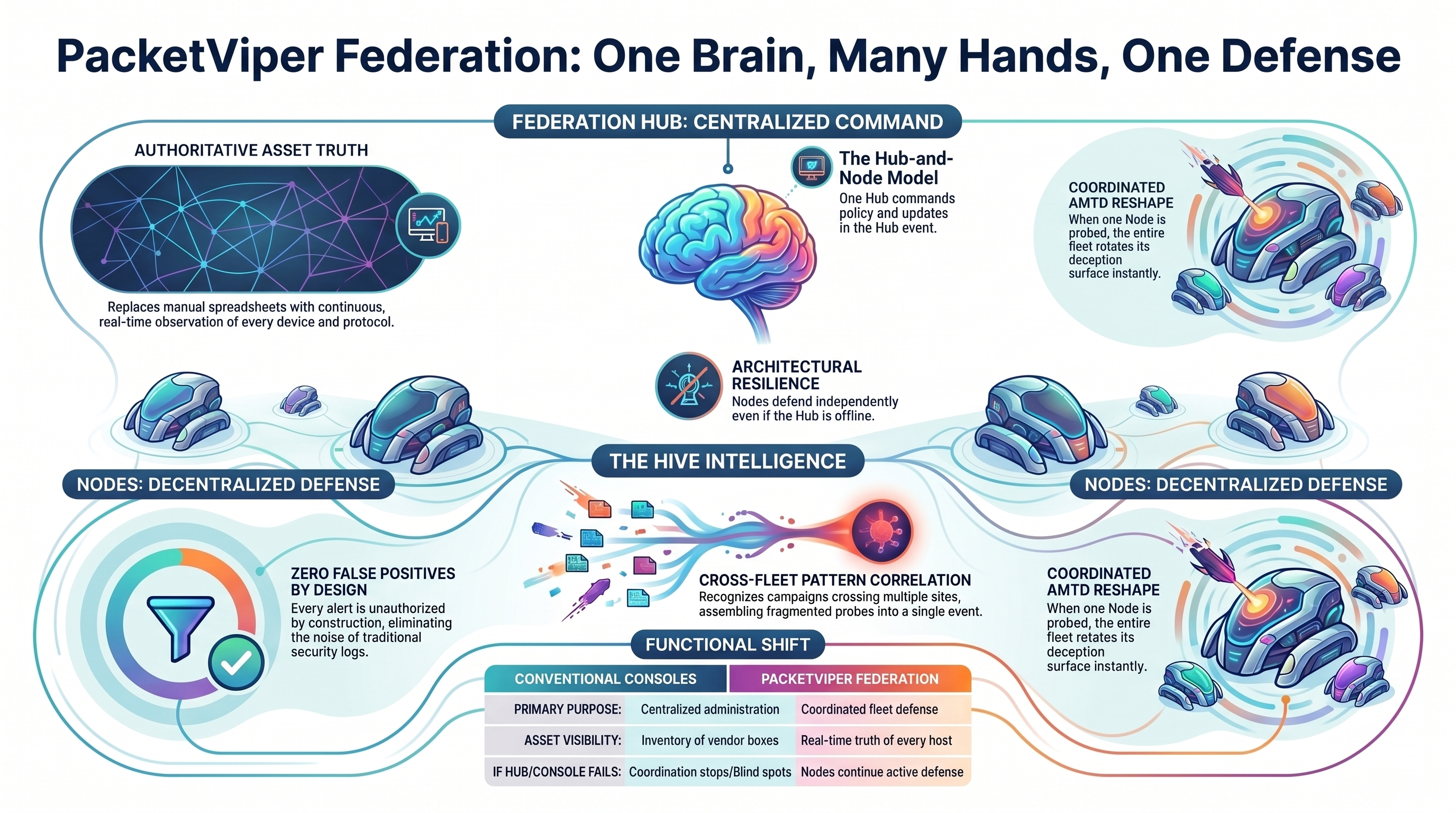 PacketViper Federation architecture: Federation Hub (centralized command) directs policy and cross-fleet pattern correlation across nodes that defend independently. Hive Intelligence delivers zero false positives by design, coordinated AMTD reshape, and a functional shift from conventional consoles to real-time fleet-wide enforcement.